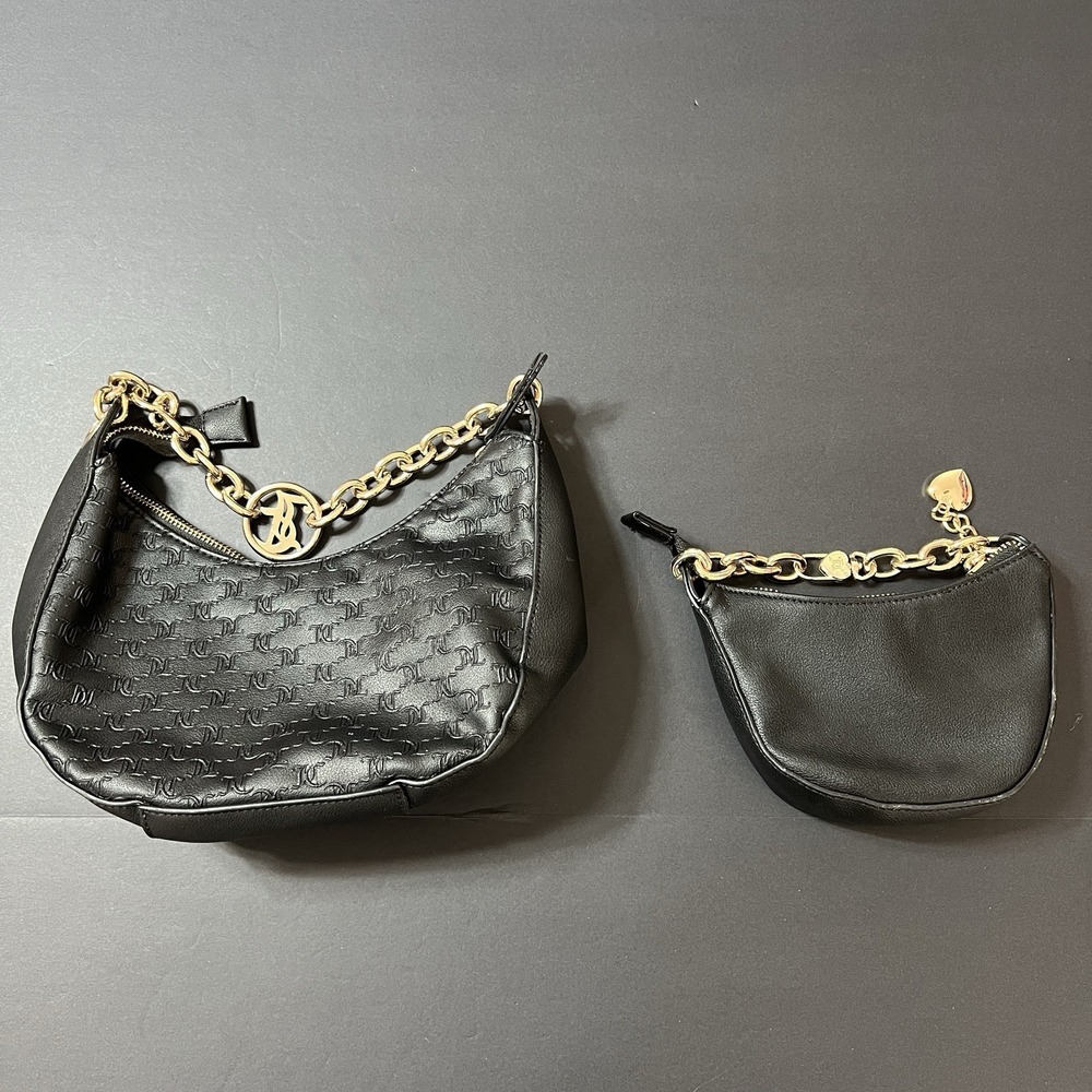Juicy Couture Black Embossed Logo Chain Strap Hobo Bag Purse Set 2 Piece Y2K - Picture 3 of 5